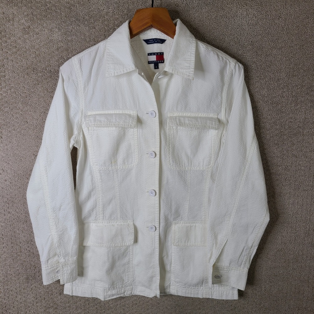 Vintage Tommy Hilfiger Jacket Womens 4 White Seersucker Button Up Cotton Utility
